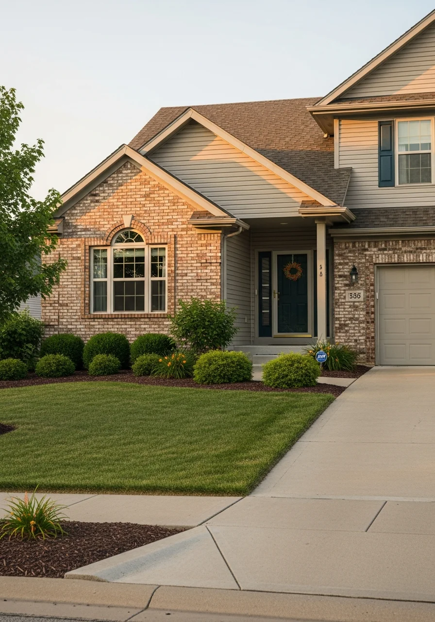 Close-up of a Derby home's front entrance with landscaping and driveway detail.