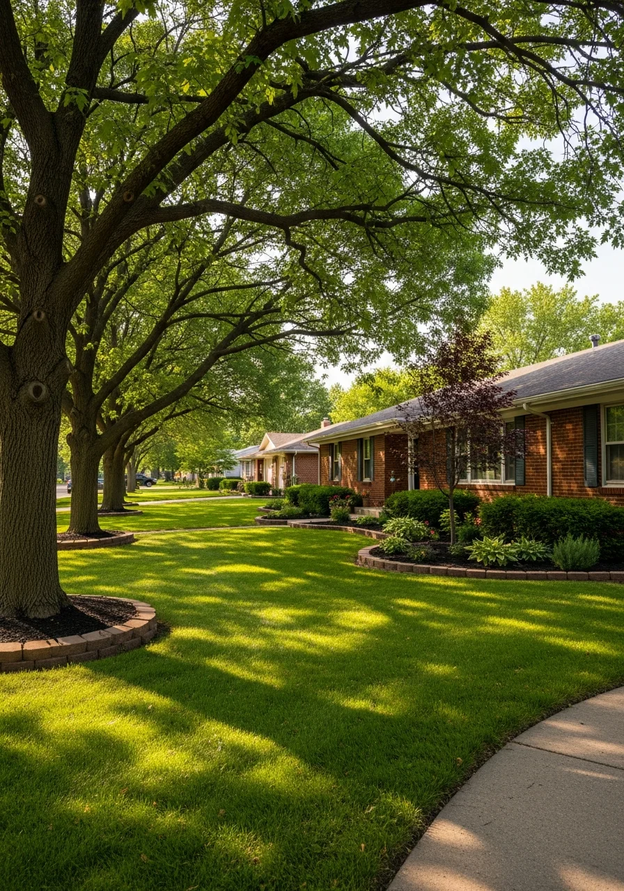 Wichita neighborhood street with mixed residential properties and mature landscaping.