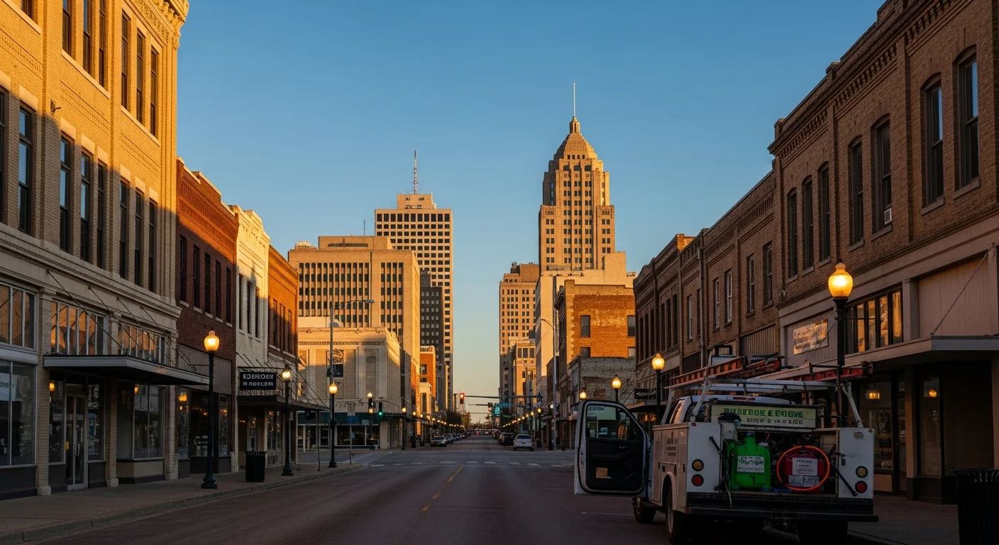 Wichita skyline at dusk with downtown buildings and street-level activity.