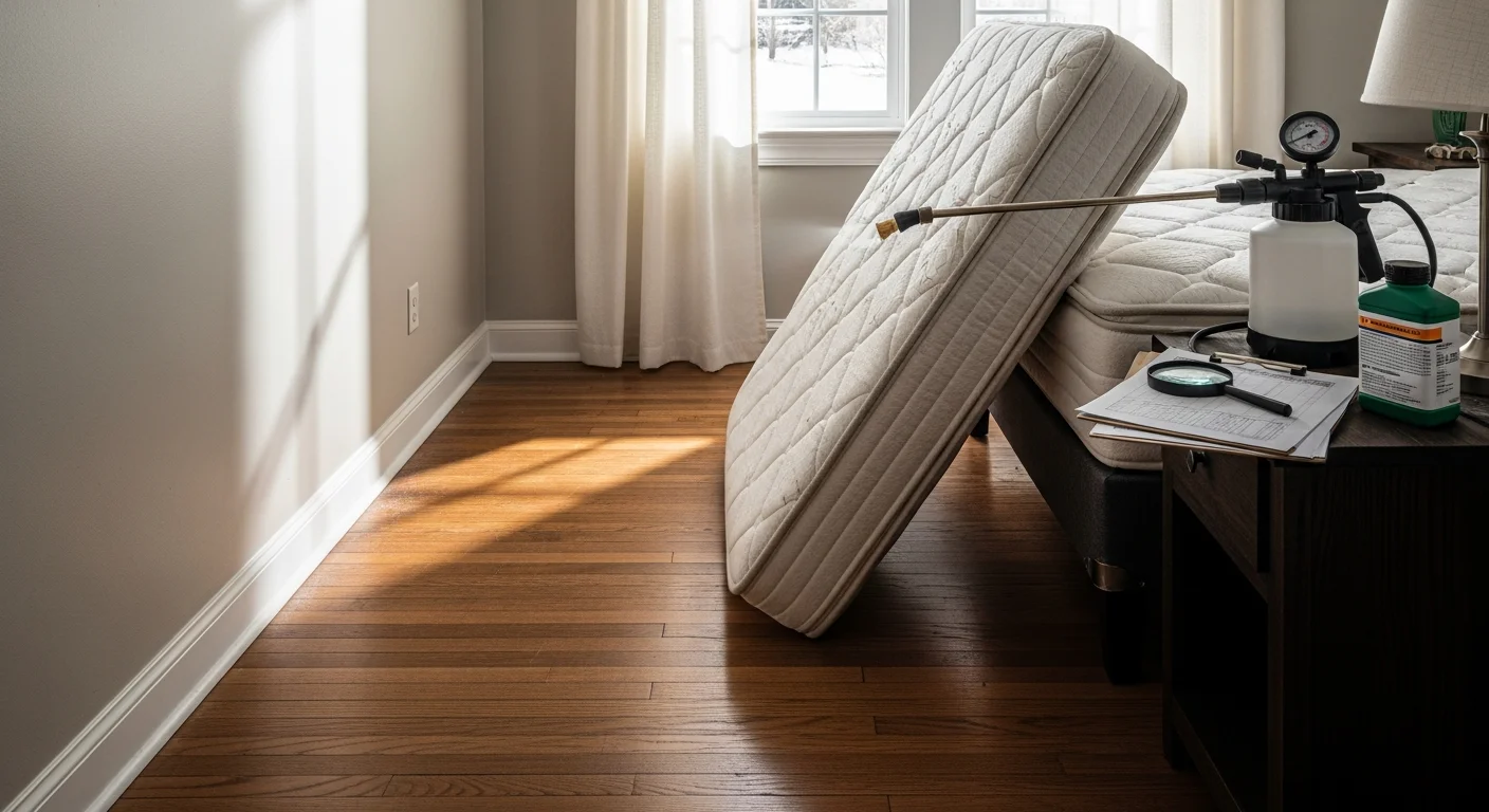 A pest control technician from Advanced Pest Control inspecting a mattress seam for bed bugs in a Derby terraced home. Close-up view showing a gloved hand checking the mattress edge and bed frame joint during a professional treatment visit.