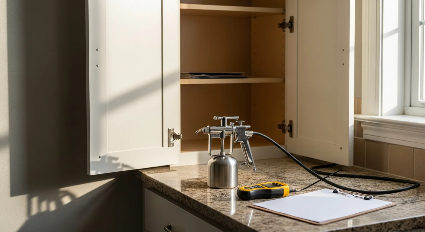 A pest control technician from Advanced Pest Control inspecting beneath a kitchen unit in a Derby property for signs of cockroach harbourage. Close-up view of a treated gap behind a fitted appliance in a Derby residential kitchen.