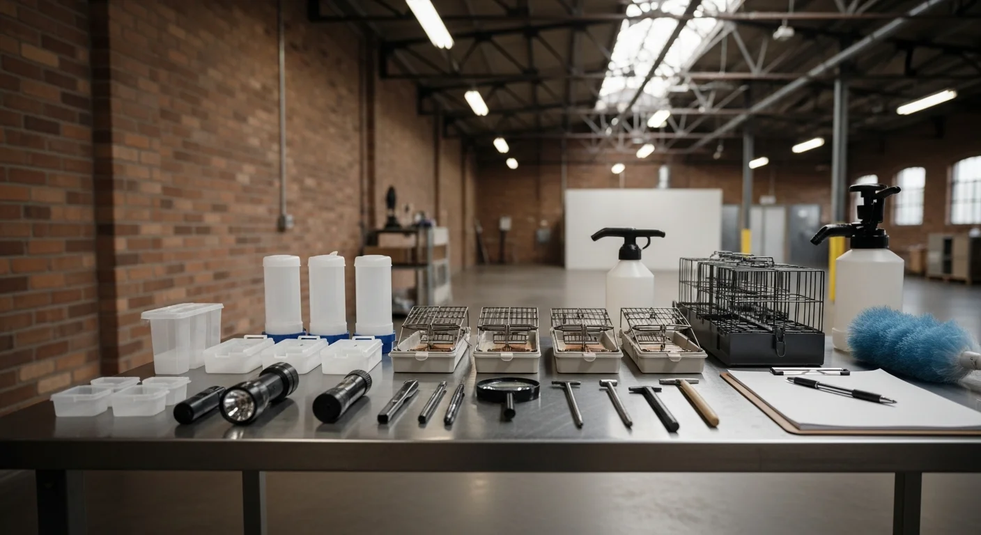 A pest control technician from Advanced Pest Control inspecting a commercial kitchen storage area in a Derby food premises. The technician checks shelving and wall junctions for signs of rodent activity.