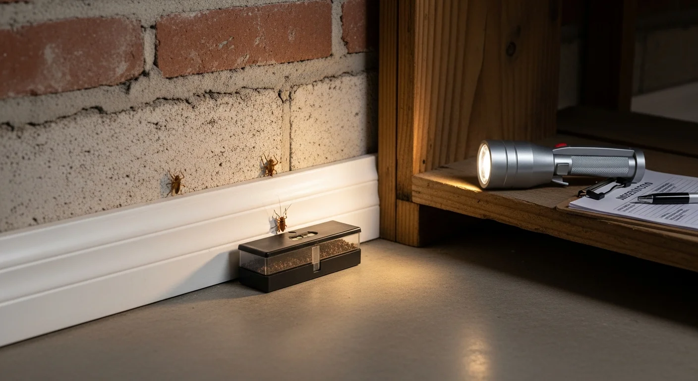 A pest control technician from Advanced Pest Control inspecting a kitchen baseboard in a Derby property for signs of house cricket activity. Close-up view showing a monitoring trap placed along the wall in a warm, humid room typical of Derby residential housing.