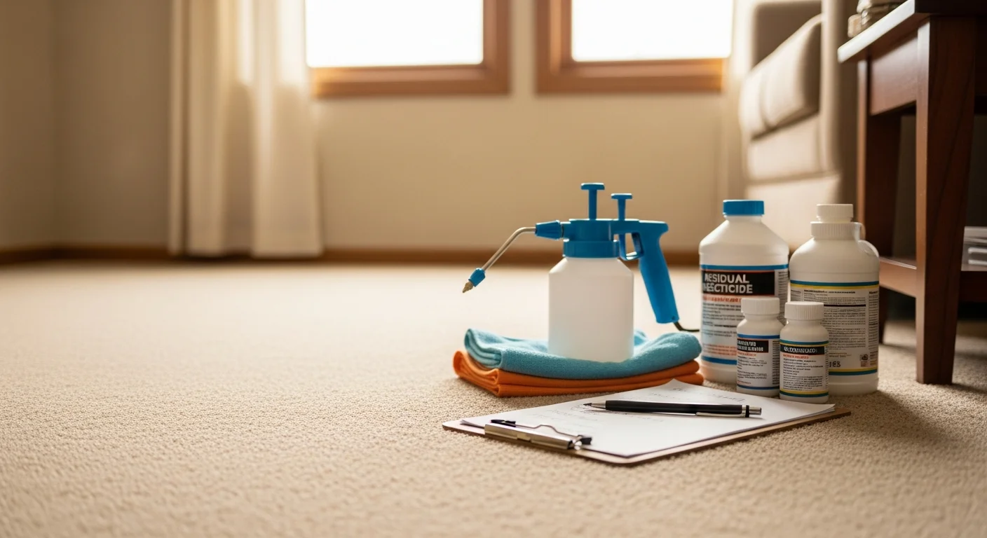 A pest control technician applying residual insecticide treatment to carpeted flooring in a Derby home during a professional flea treatment visit. Close-up view of treated skirting boards and floor area with pest control equipment visible.