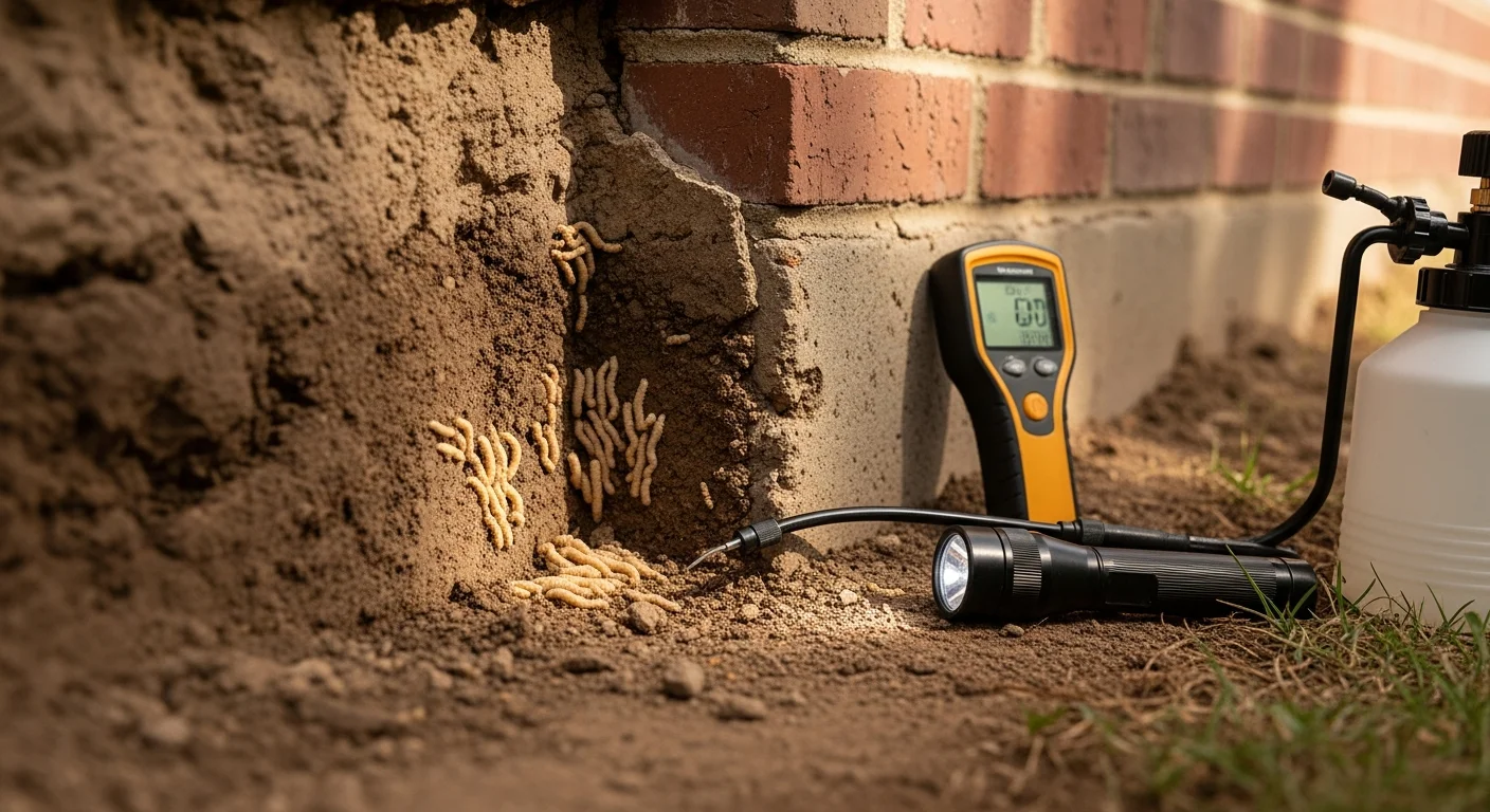 A pest control technician from Advanced Pest Control inspecting exposed floor timbers in a Derby property for signs of termite damage. Close-up view showing mud tubes and treated timber near a ground-floor foundation wall.