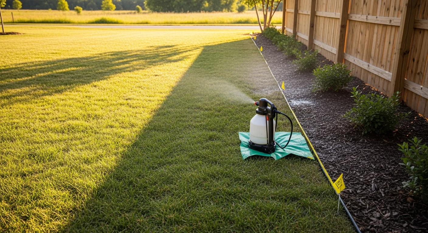 A pest control technician from Advanced Pest Control inspecting a shaded garden border in Derby for tick activity. Treated lawn edges and shrub lines visible in a residential outdoor setting.